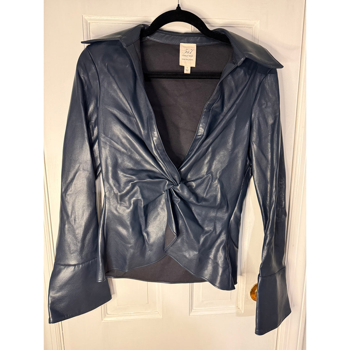 Cinq A Sept Mckenna Twisted Front Faux Leather Long Sleeve Navy - Small