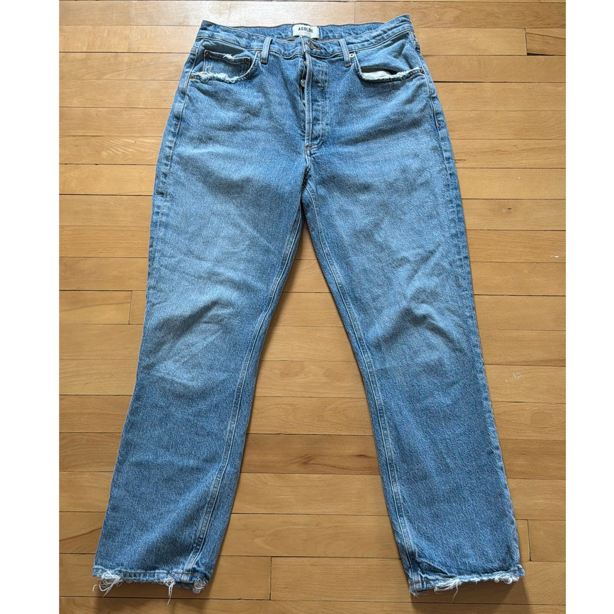AGOLDE Straight Leg Button Fly Jeans Women’s Size 29 Distressed Hem Blue Denim