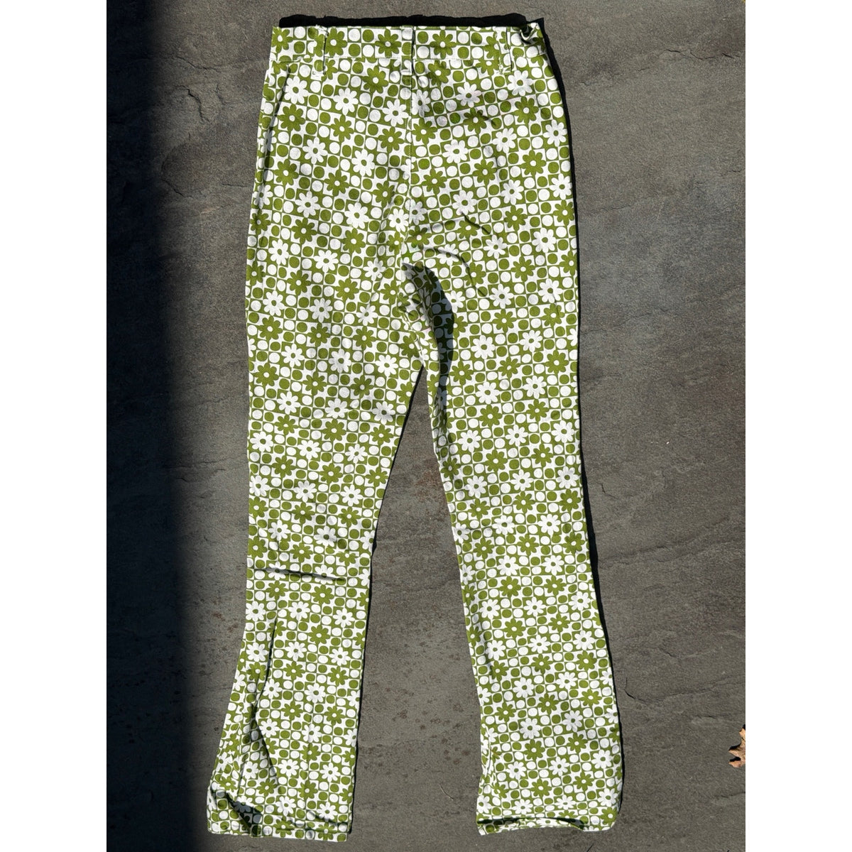 Motel Rocks Retro Floral Print Flare Pants Green White High Rise Sz XXS