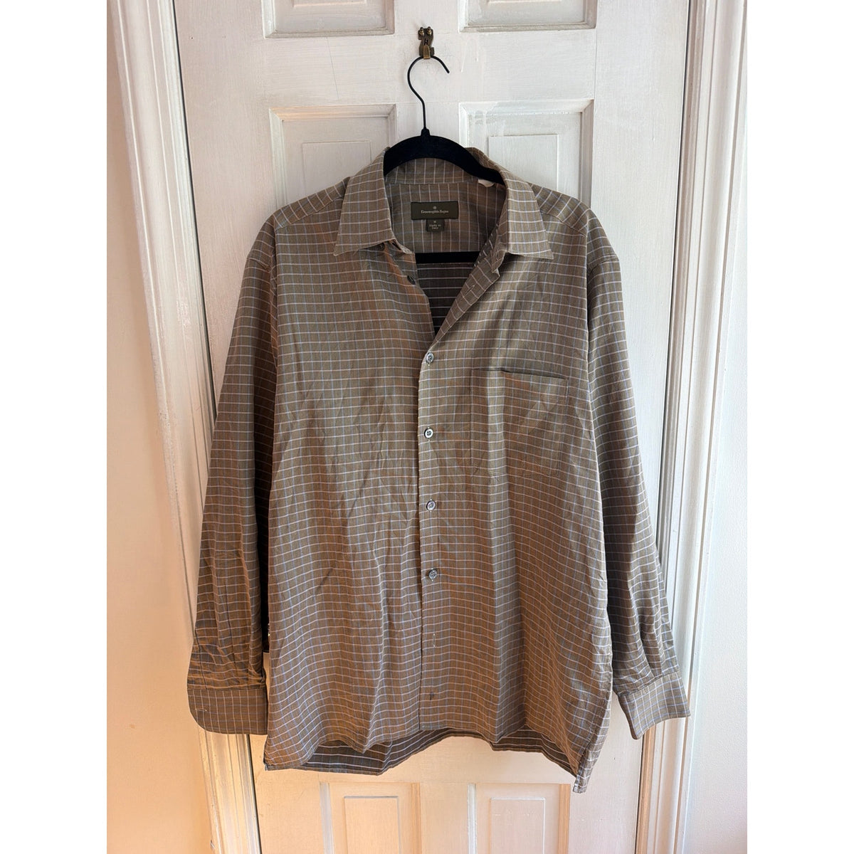 Ermenegildo Zegna Taupe & Blue Plaid Long Sleeve Button-Down Shirt Medium