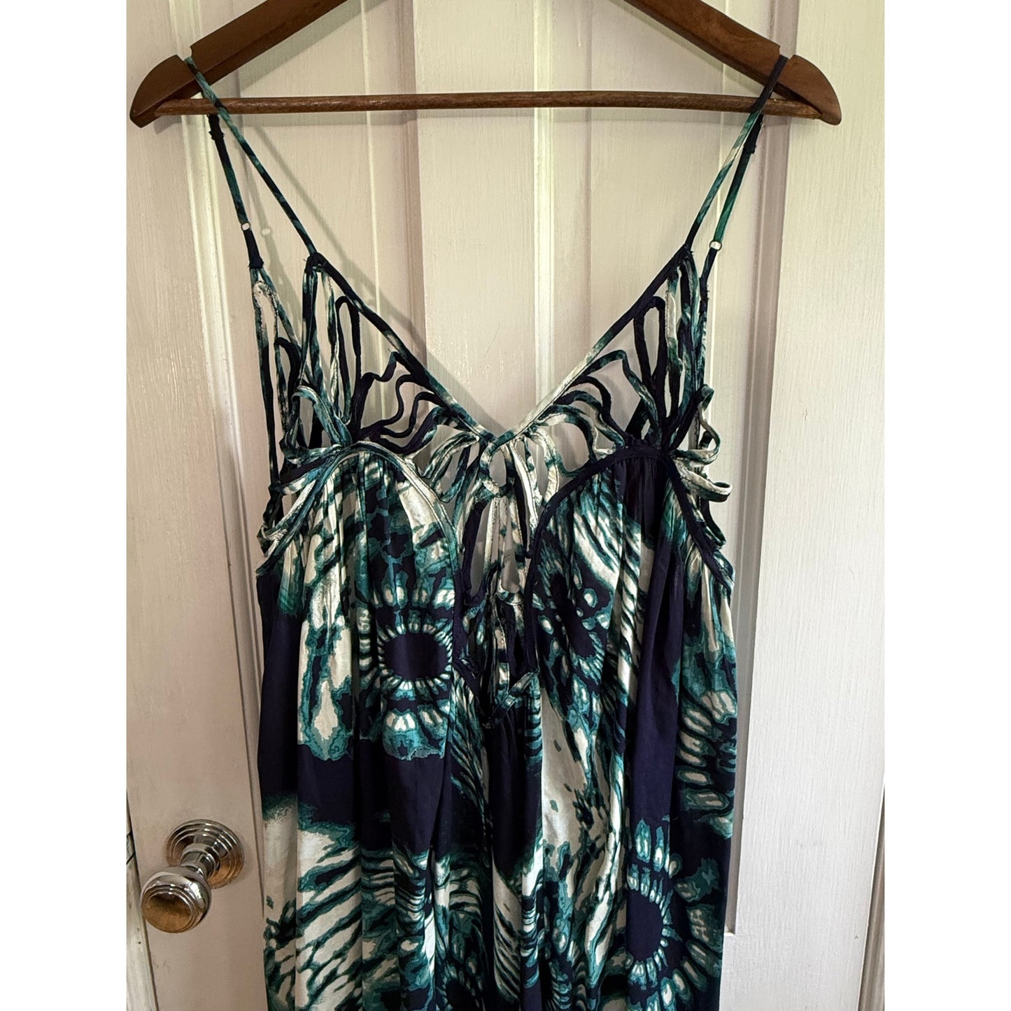 Anthropologie Dolan Eliska Maxi Dress XL Blue Green Abstract Tie Dye Strappy EUC