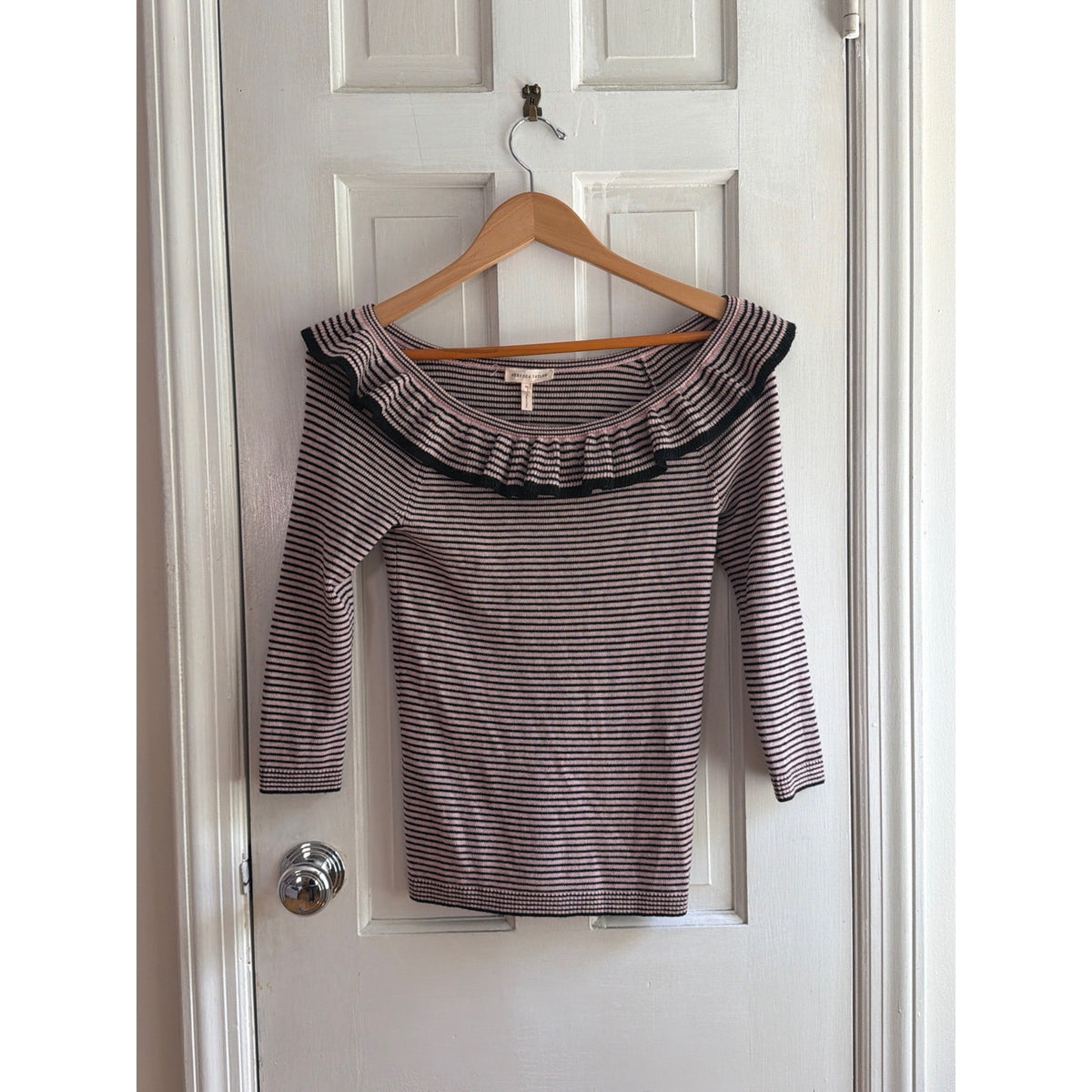 NWT Rebecca Taylor Pink Black Striped Ruffle Neck Merino Wool Sweater M