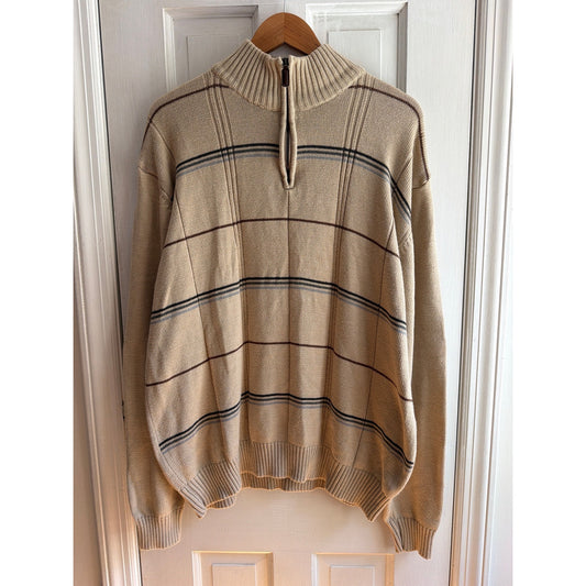 Oscar de la Renta Mens XL Quarter Zip Knit Sweater Striped Beige Tan Windowpane