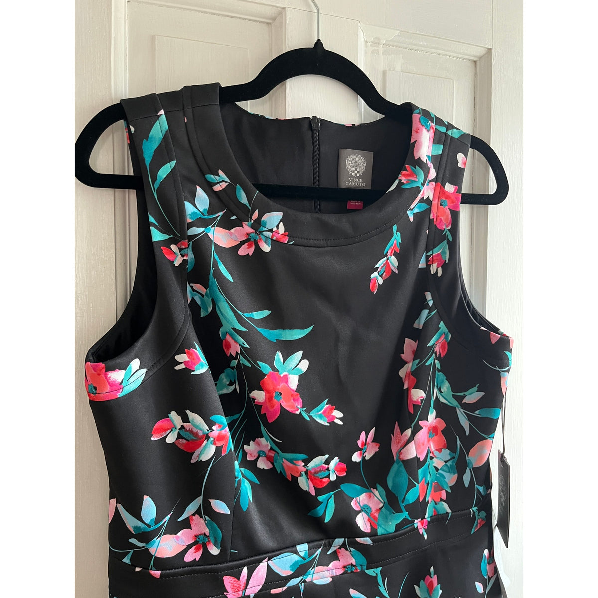 Vince Camuto Floral Scuba Fit & Flare Midi Dress | Black & Pink Wrinkle-Resistant | Plus Size 14