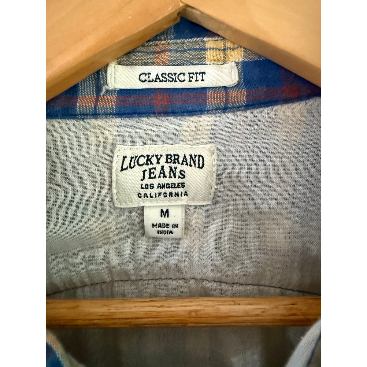 Lucky Brand Mens Medium Pearl Snap Western Plaid Shirt Blue Yellow Classic Fit M