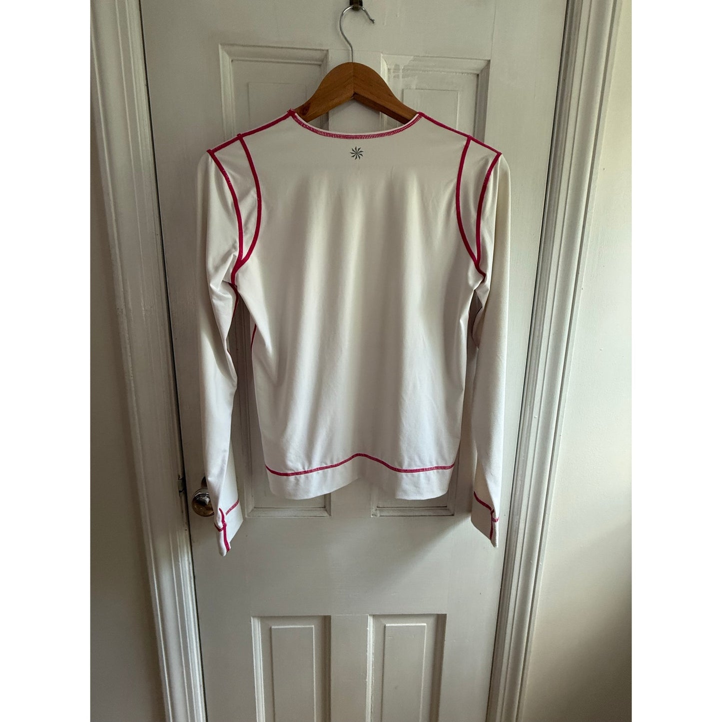 Athleta White Long Sleeve Top Pink Piping Size S EUC