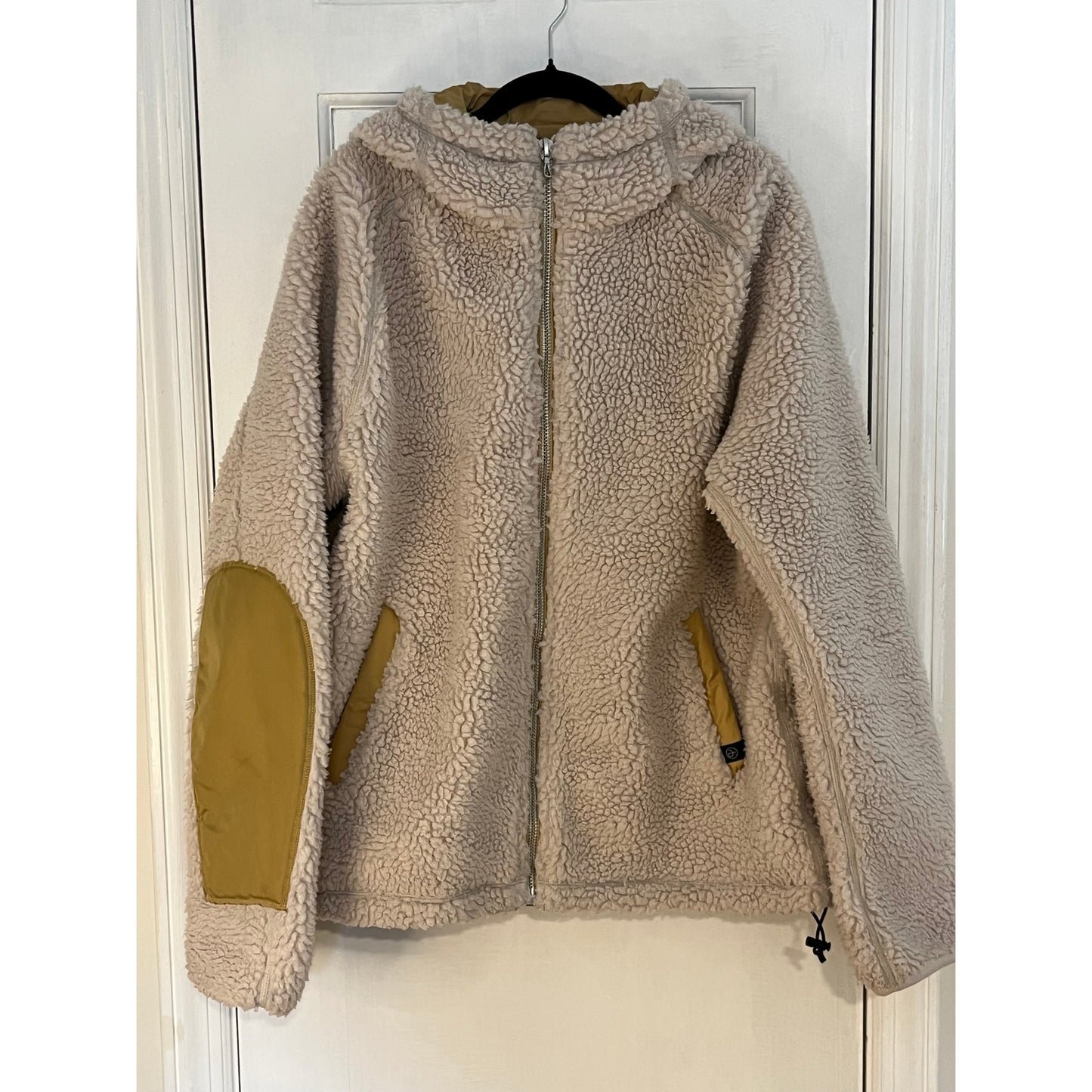 Rag & Bone Men’s Reversible Teddy Fleece Jacket | Tan Sherpa Hooded Parka | Large