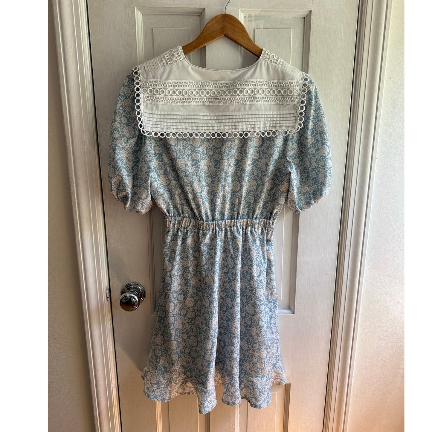 Maje Kara Blue Floral Mini Dress Size 2 Crochet Lace Sailor Collar Smocked Waist EUC