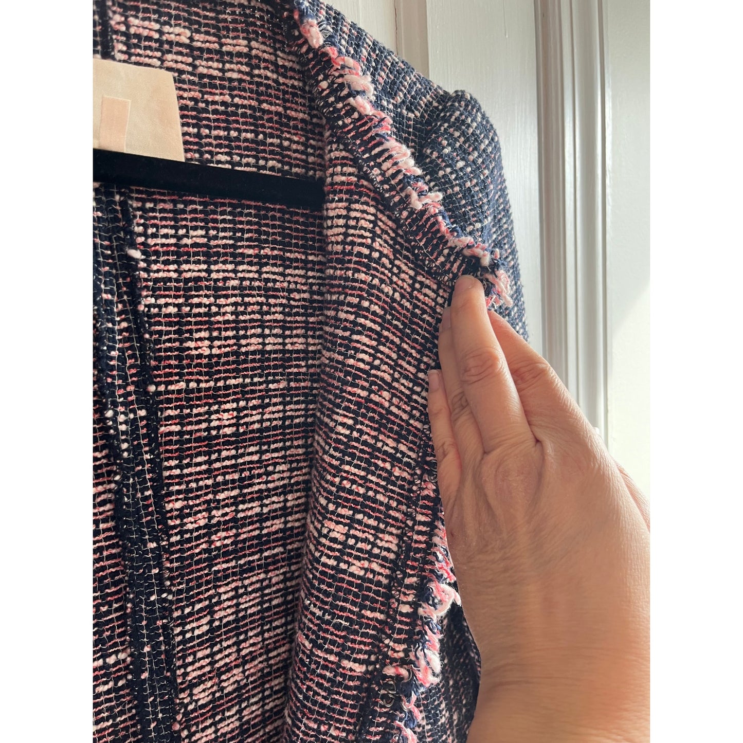 REBECCA TAYLOR Navy Blue Pink Tweed Cropped Blazer Frayed Fringe Trim | US 2