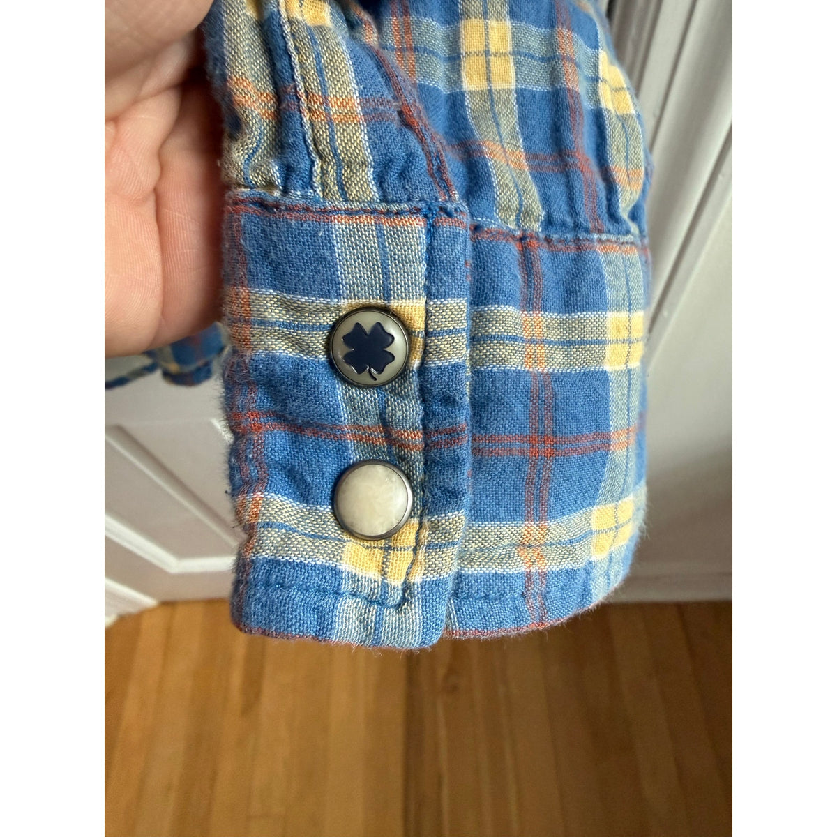 Lucky Brand Mens Medium Pearl Snap Western Plaid Shirt Blue Yellow Classic Fit M