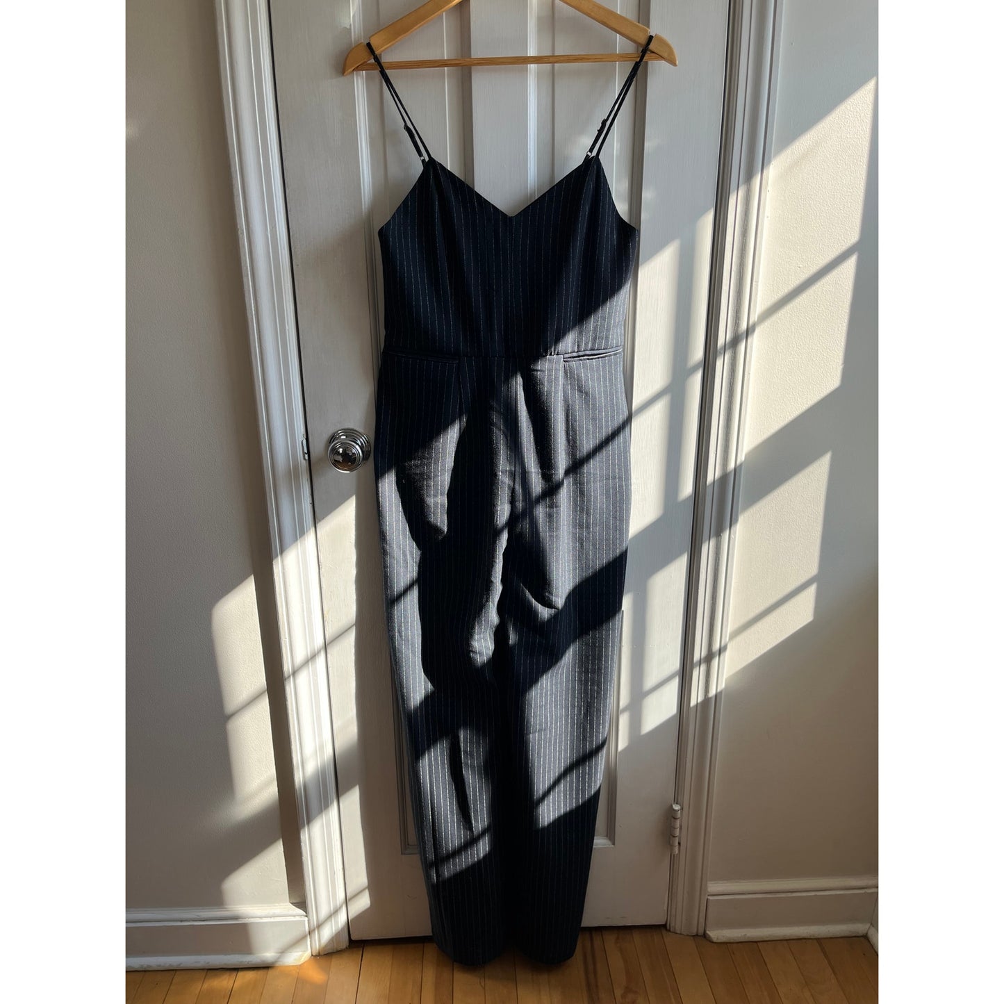 Anthropologie The Essential Pinstripe Jumpsuit Navy White Wide Leg Size 4