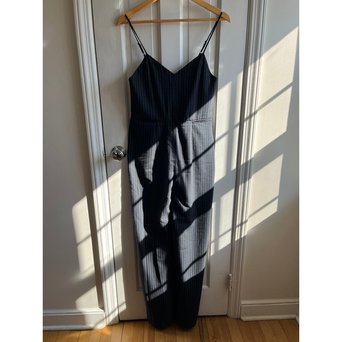 Anthropologie The Essential Pinstripe Jumpsuit Navy White Wide Leg Size 4