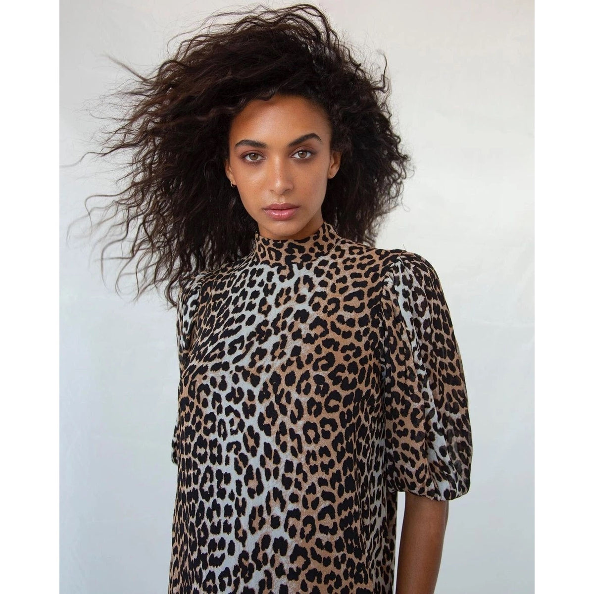 GANNI NWT Leopard Georgette Smock Mini Dress Mock Neck Oversized 38 US 6