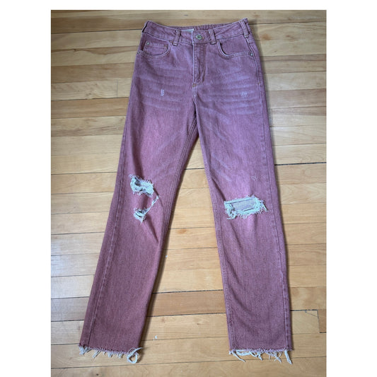 Anthropologie Pilcro The Vintage Straight Jeans 25 Red Rust Pink Distressed Cut
