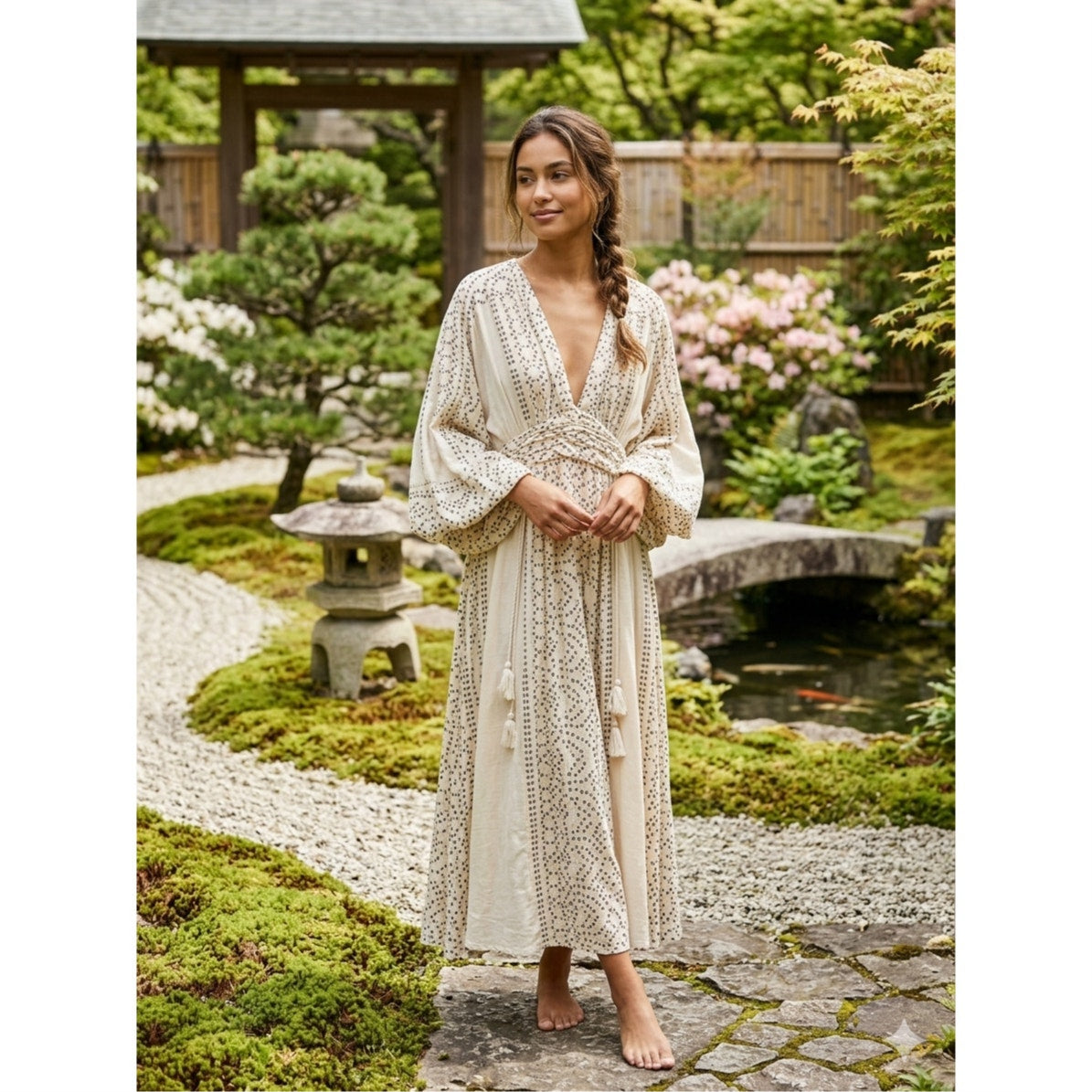 Free People Modern Kimono Maxi Dress Ivory Print Size 0 EUC