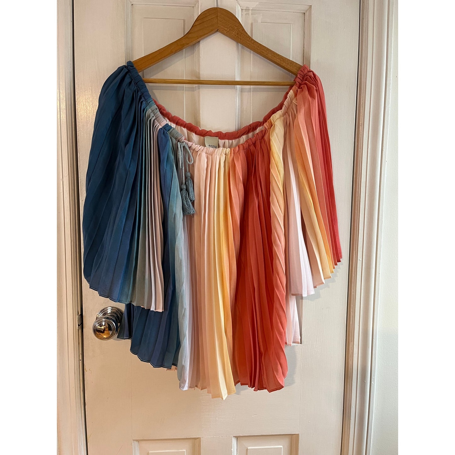 Ecru Rainbow Stripe Pleated Off Shoulder Top Boho Accordion Plissé Small