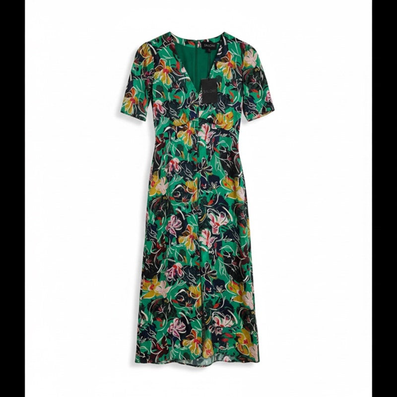 Saloni Green Floral Silk Eden Dress Size US 0, UK4, XS (NWT)