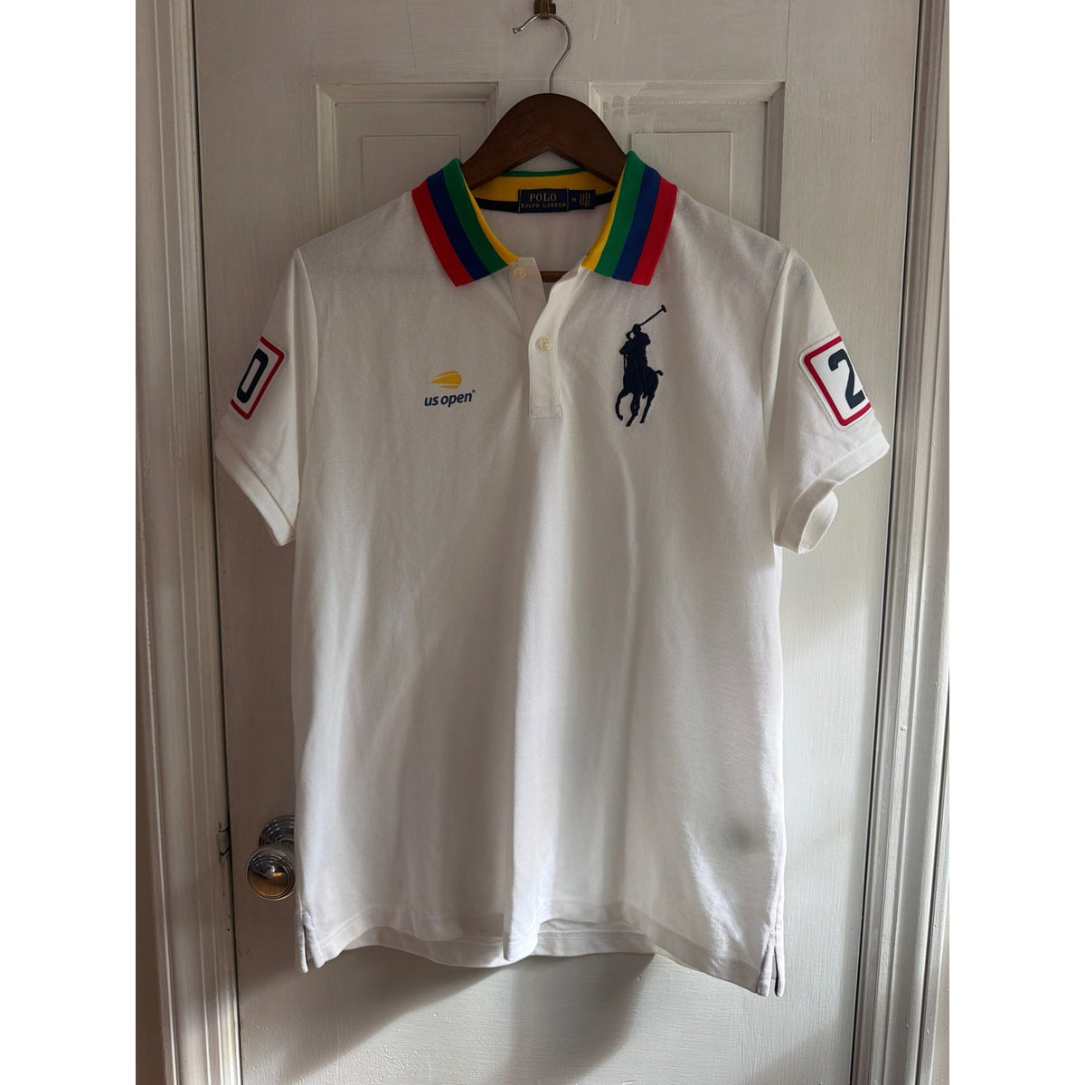 Polo Ralph Lauren US Open Big Pony Tennis Polo Shirt White Multicolor Collar Med