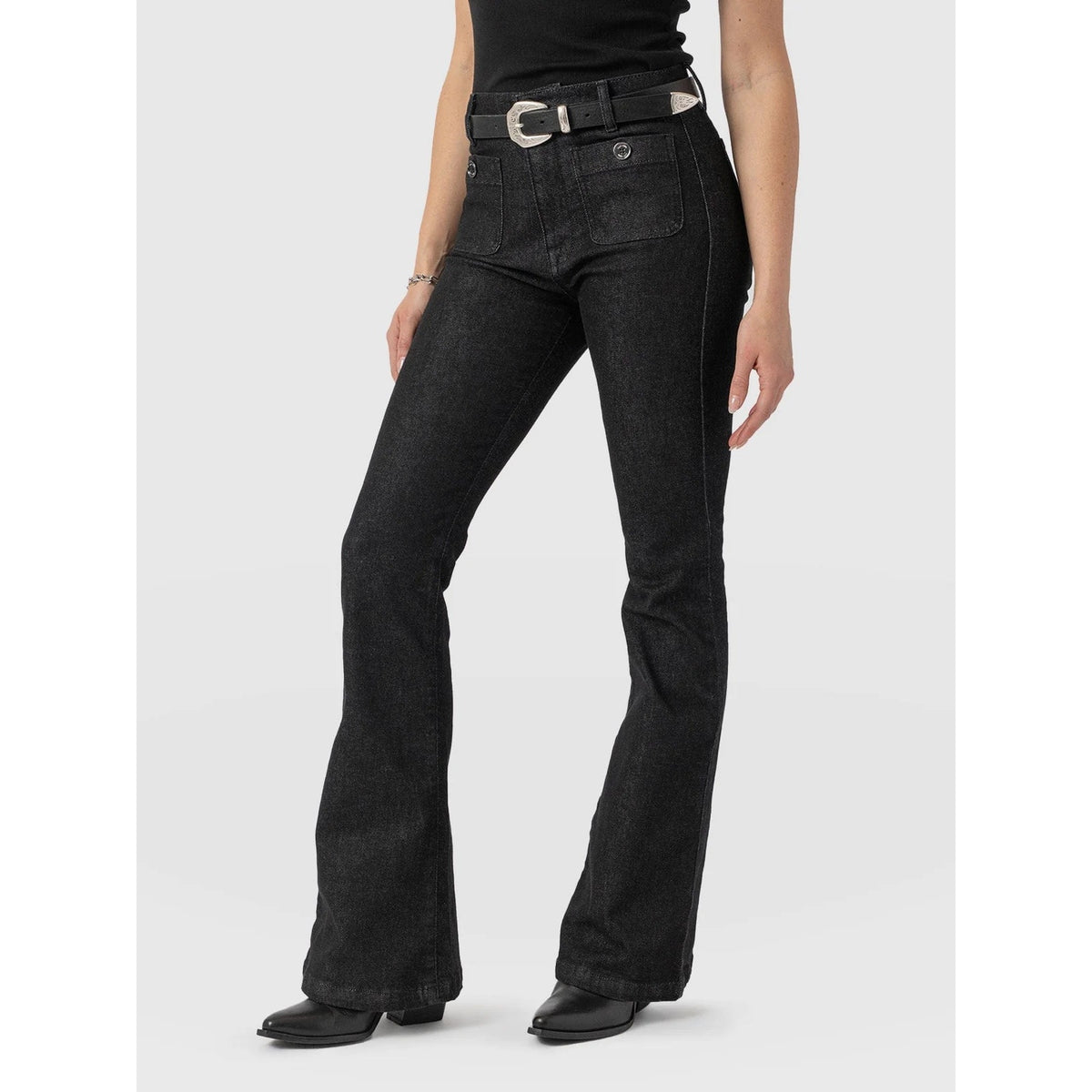 Saint + Sofia Bowie Stretch Flare Jeans Black NWT Sz 4 Short High Rise Retro 70s