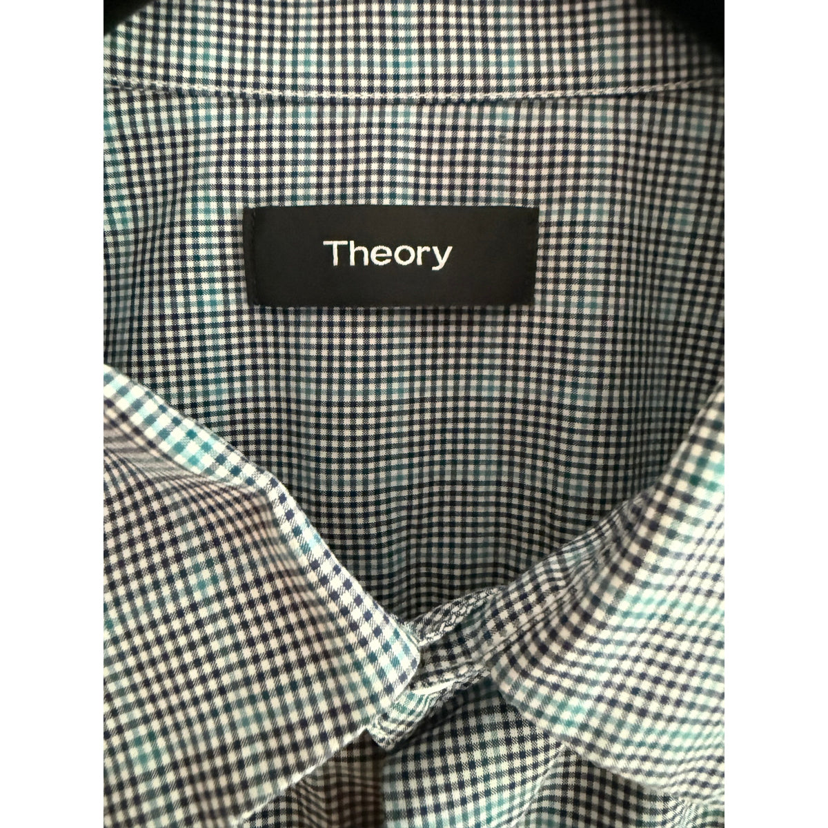 Theory Men's Clean Shirt Medium Marked Gingham Blue White Button Down EUC