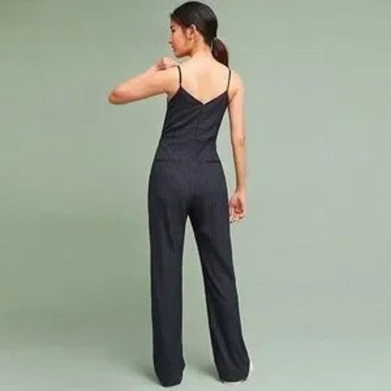 Anthropologie The Essential Pinstripe Jumpsuit Navy White Wide Leg Size 4