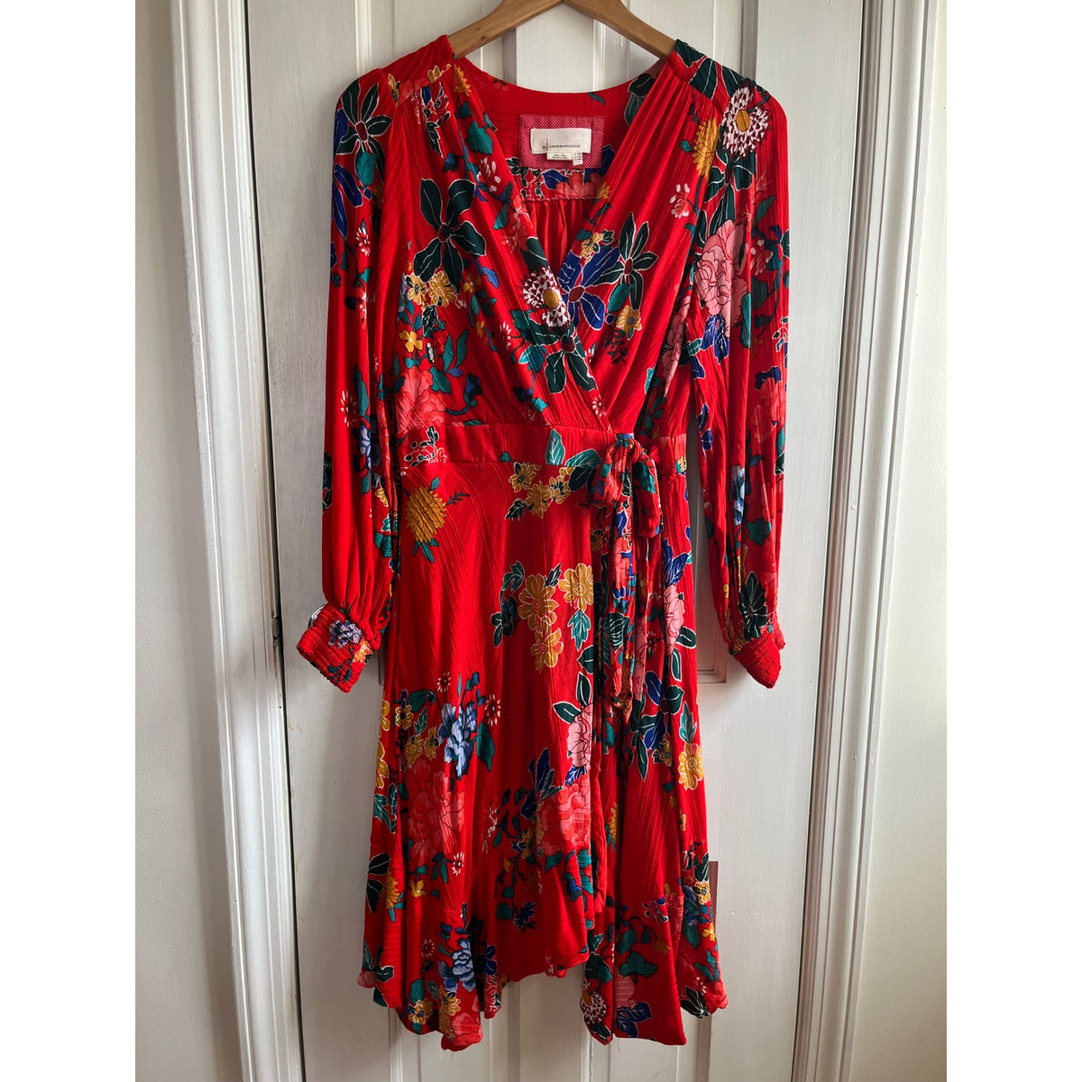 Anthropologie Boswell Textured Faux Wrap Floral Tunic Midi Dress Red 12P EUC