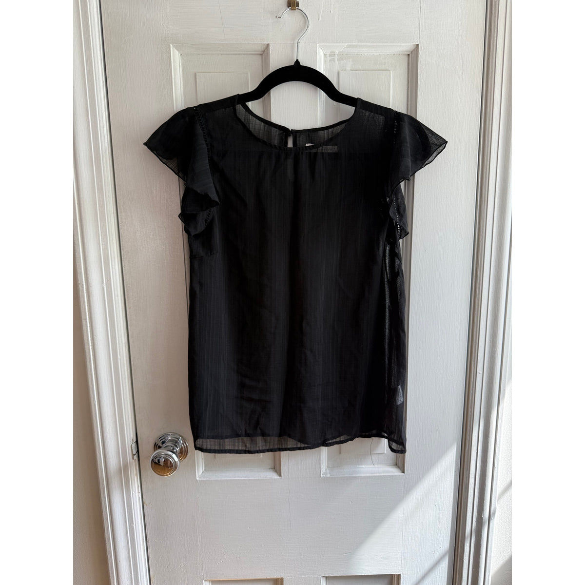 Lowery Farms Black Flutter Sleeve Blouse - Sheer Stripe Detail - Women’s Medium