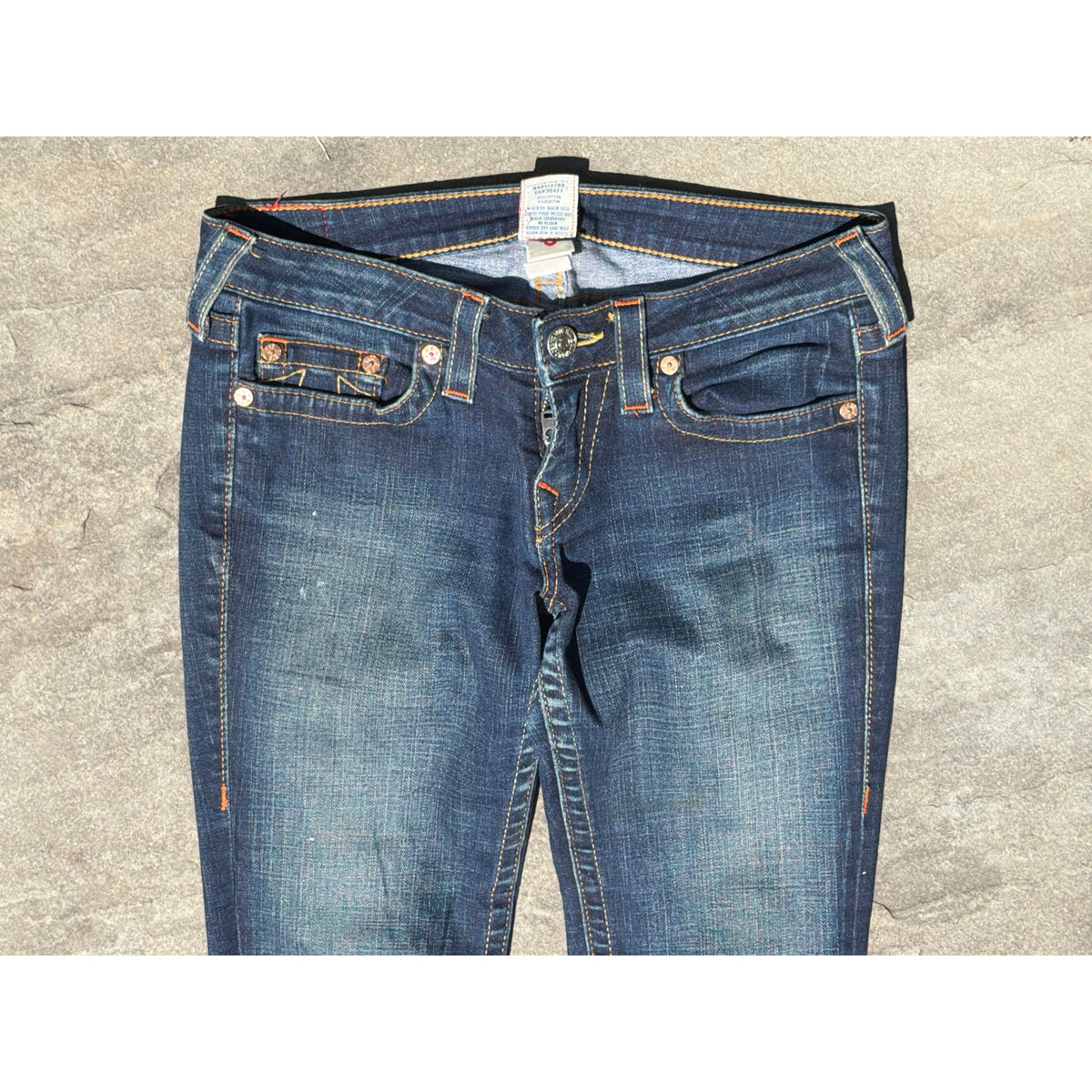 True Religion Skinny Low Rise Blue Jeans Size 28 Medium Wash Signature Stitch