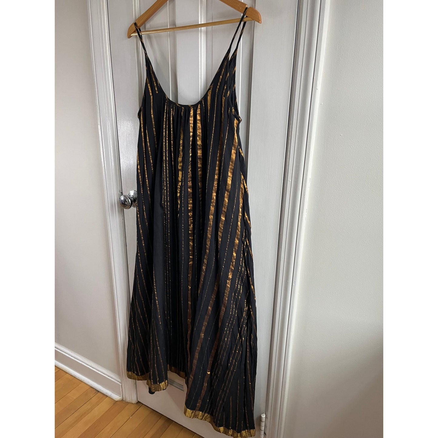 Aish Sultan Black & Gold Striped Slip Dress Maxi One Size OS Boho Luxury Lagenlook