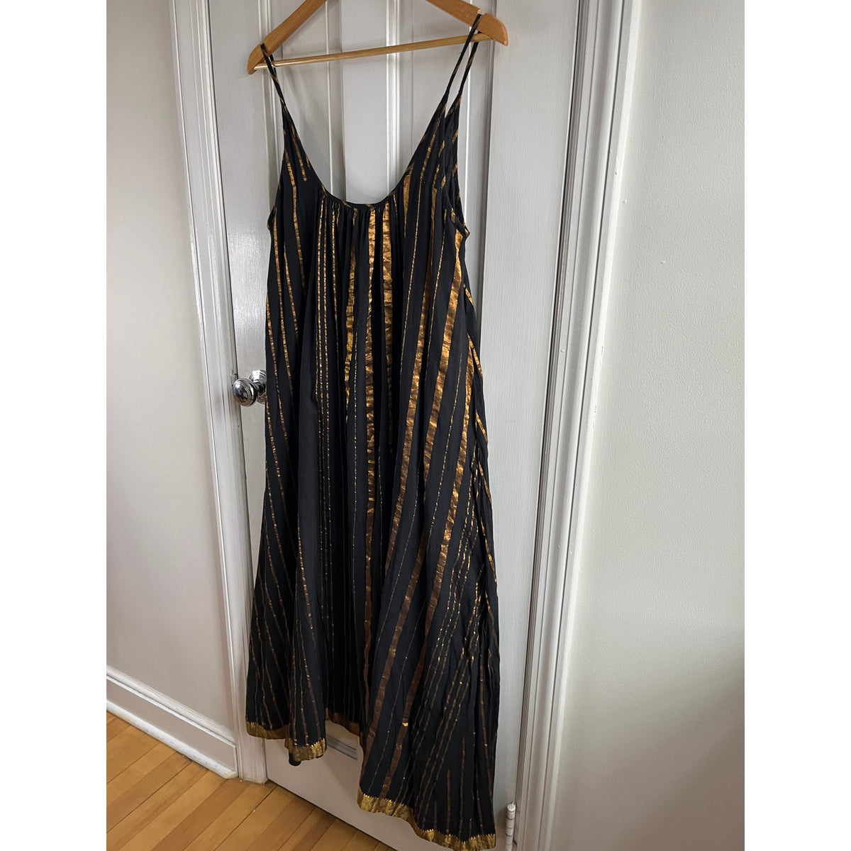 Aish Sultan Black & Gold Striped Slip Dress Maxi One Size OS Boho Luxury Lagenlook