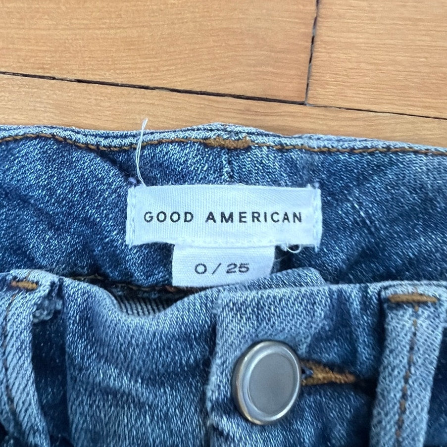 Good American Size 0 Good Curved Straight Dark Wash High Rise Straight Leg Distressed Hem Jean