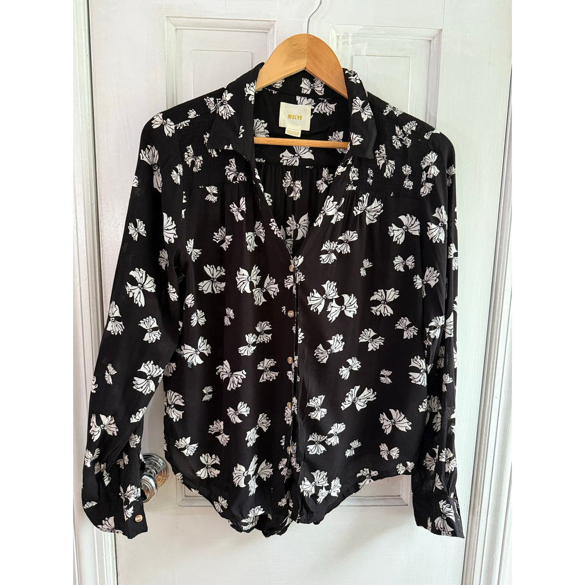 Maeve Anthropologie Floral Blouse Top Size 8 US 12 UK Black White Ruffle Sheer 8