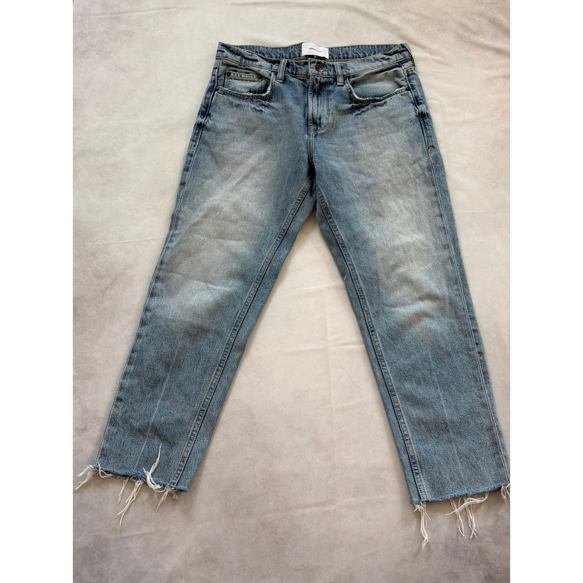 Current/Elliott Size 26 Light Wash Mid Rise Straight Leg Distressed Hem Jeans