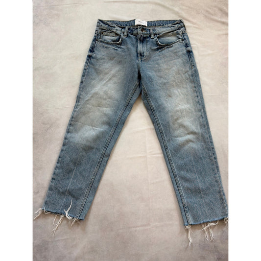 Current/Elliott Size 26 Light Wash Mid Rise Straight Leg Distressed Hem Jeans
