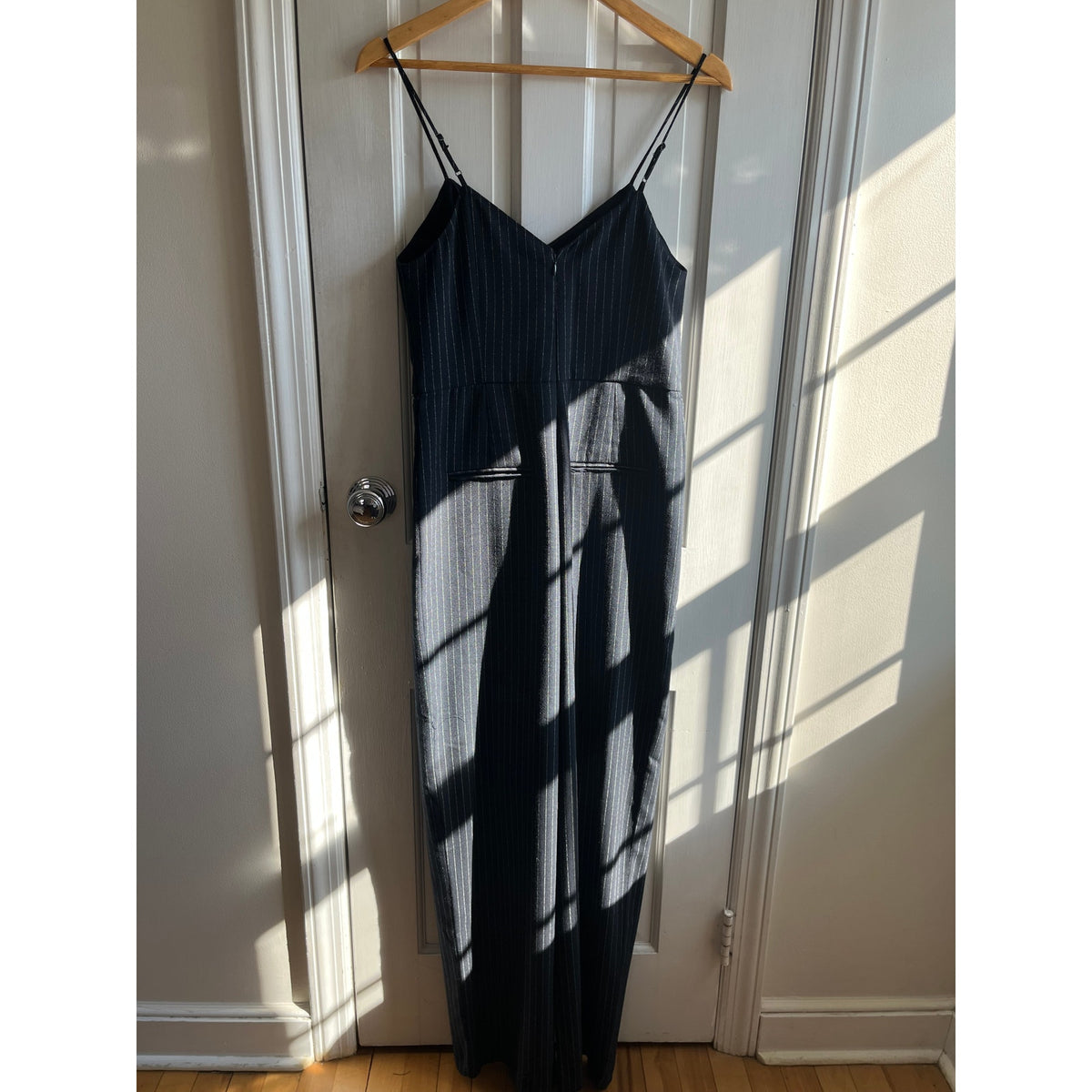 Anthropologie The Essential Pinstripe Jumpsuit Navy White Wide Leg Size 4