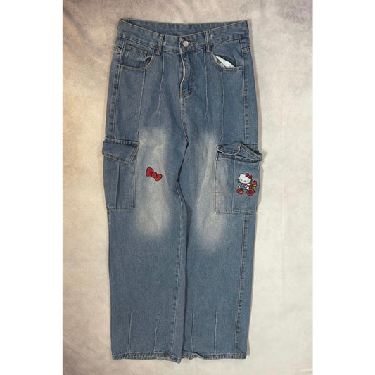 Sanrio Hello Kitty Embroidered High Rise Cargo Jeans Womens Small Wide Leg Y2K