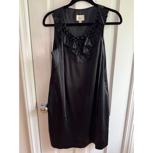 ECI New York 100% Silk Black Dress Ruffle Beaded Neckline Sleeveless EUC