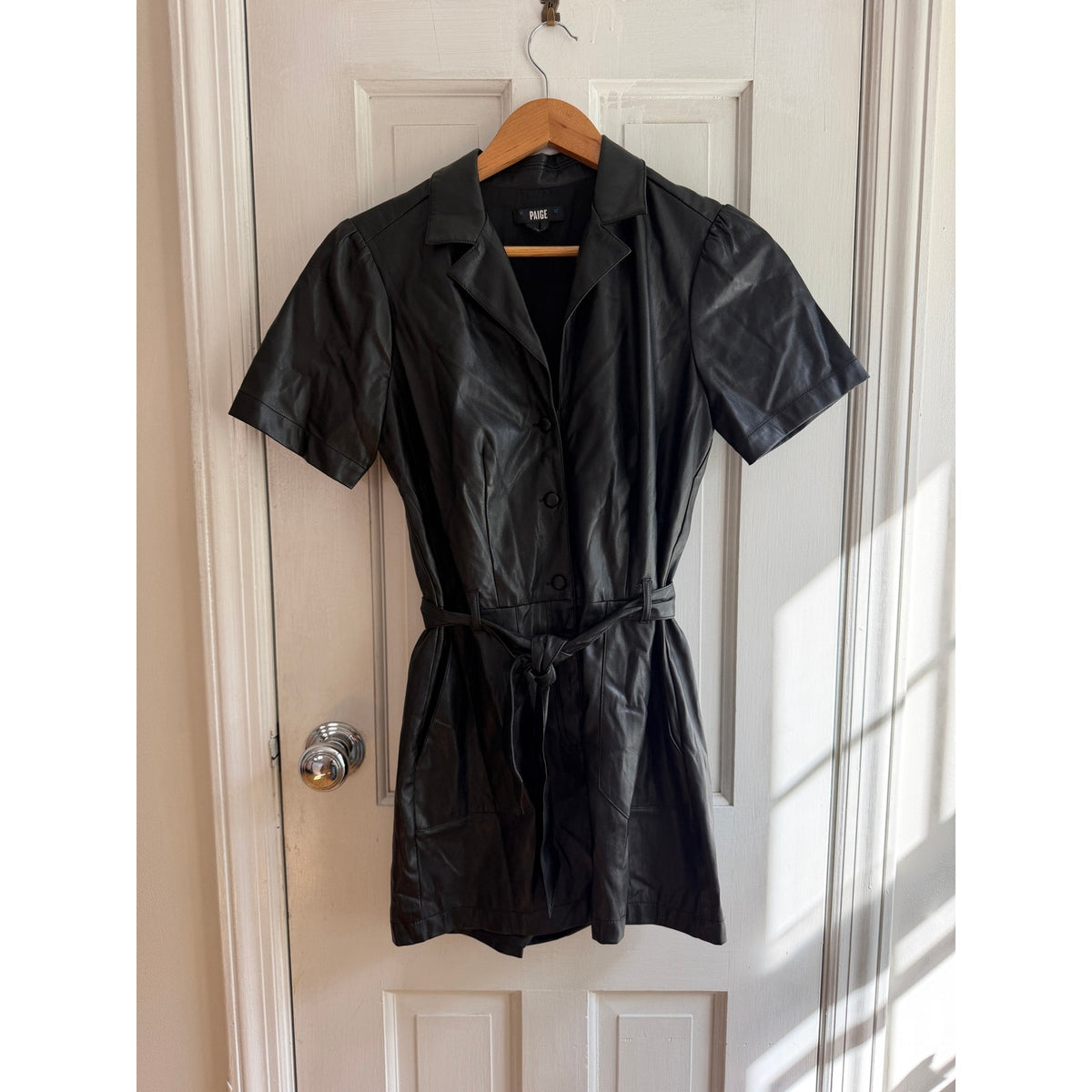 PAIGE Black Faux Leather Belted Short Sleeve Romper Jumper XS