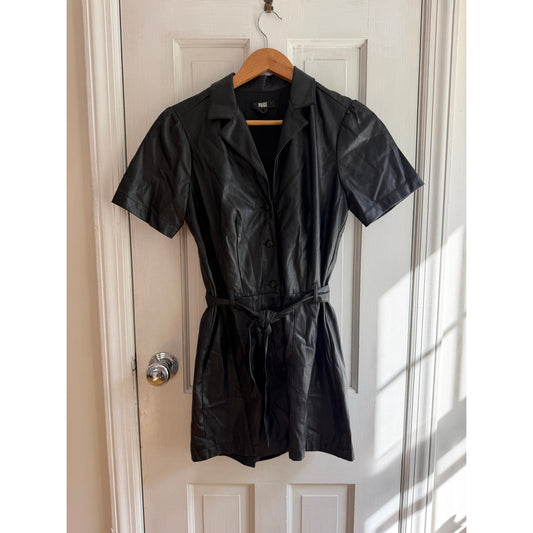 PAIGE Black Faux Leather Belted Short Sleeve Romper Jumper XS