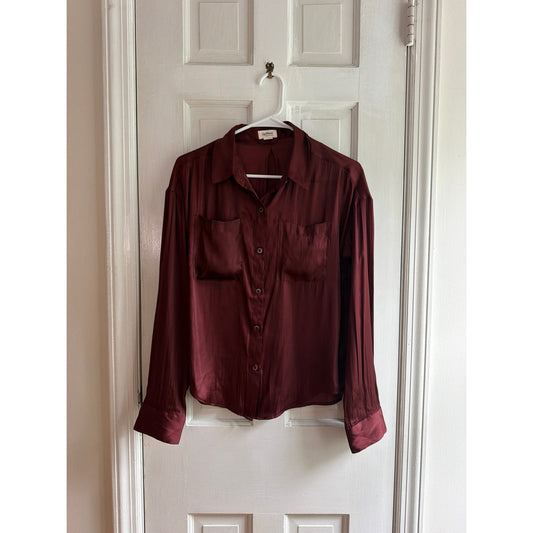 UpWest Satin Button Down Shirt Burgundy Wine Red Pocket Blouse XS