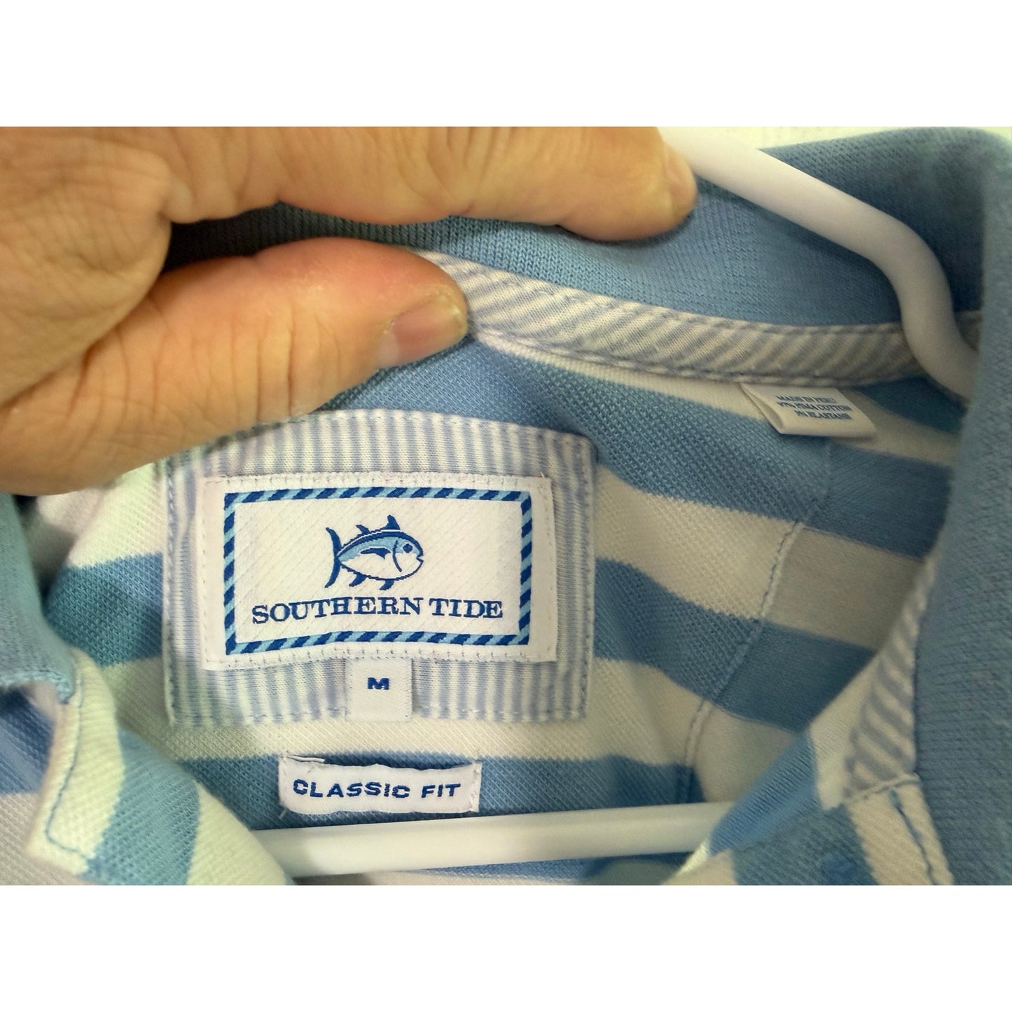 Southern Tide Polo Shirt Mens Medium M Light Blue White Striped Performance EUC