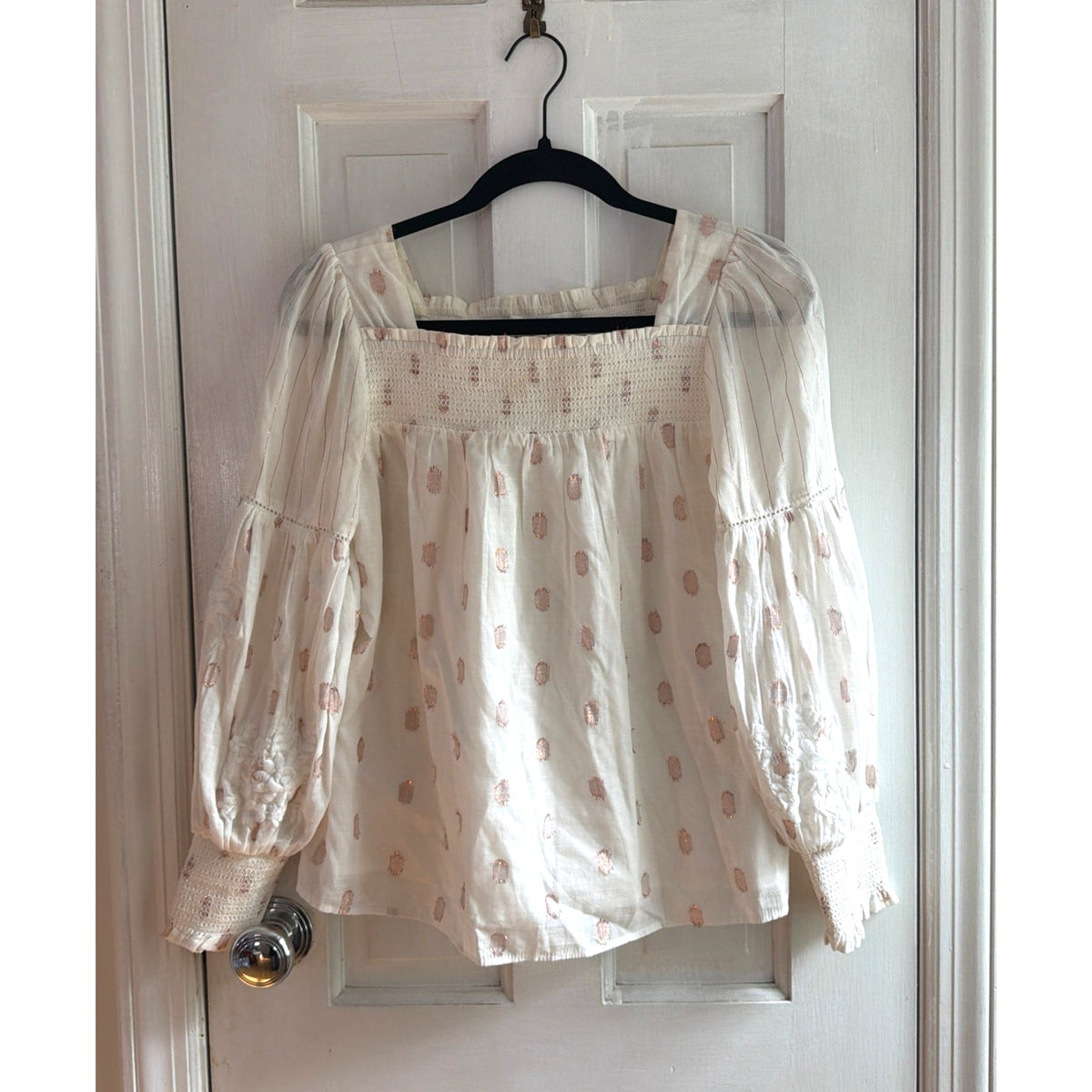 by Anthropologie Metallic Fil Coupé Smocked Boho Blouse, X-Small Petite 