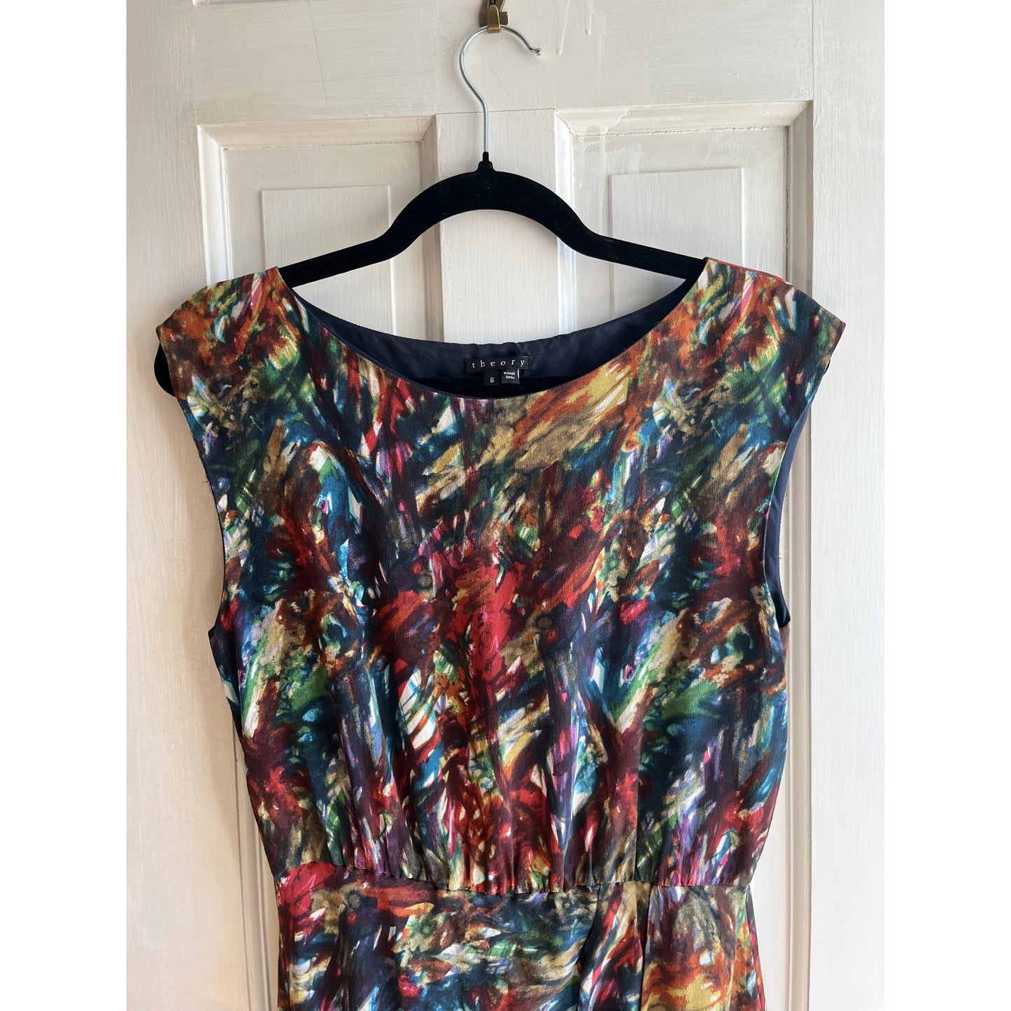 THEORY Silk Arena Dress Colorful Geometric Sleeveless Cocktail Party Dress Sz 6
