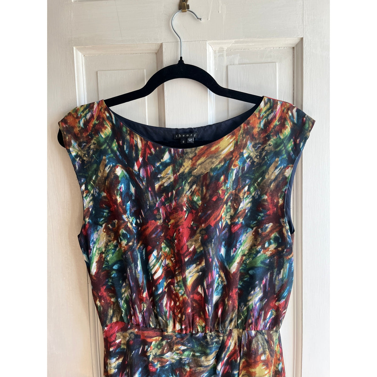 THEORY Silk Arena Dress Colorful Geometric Sleeveless Cocktail Party Dress Sz 6