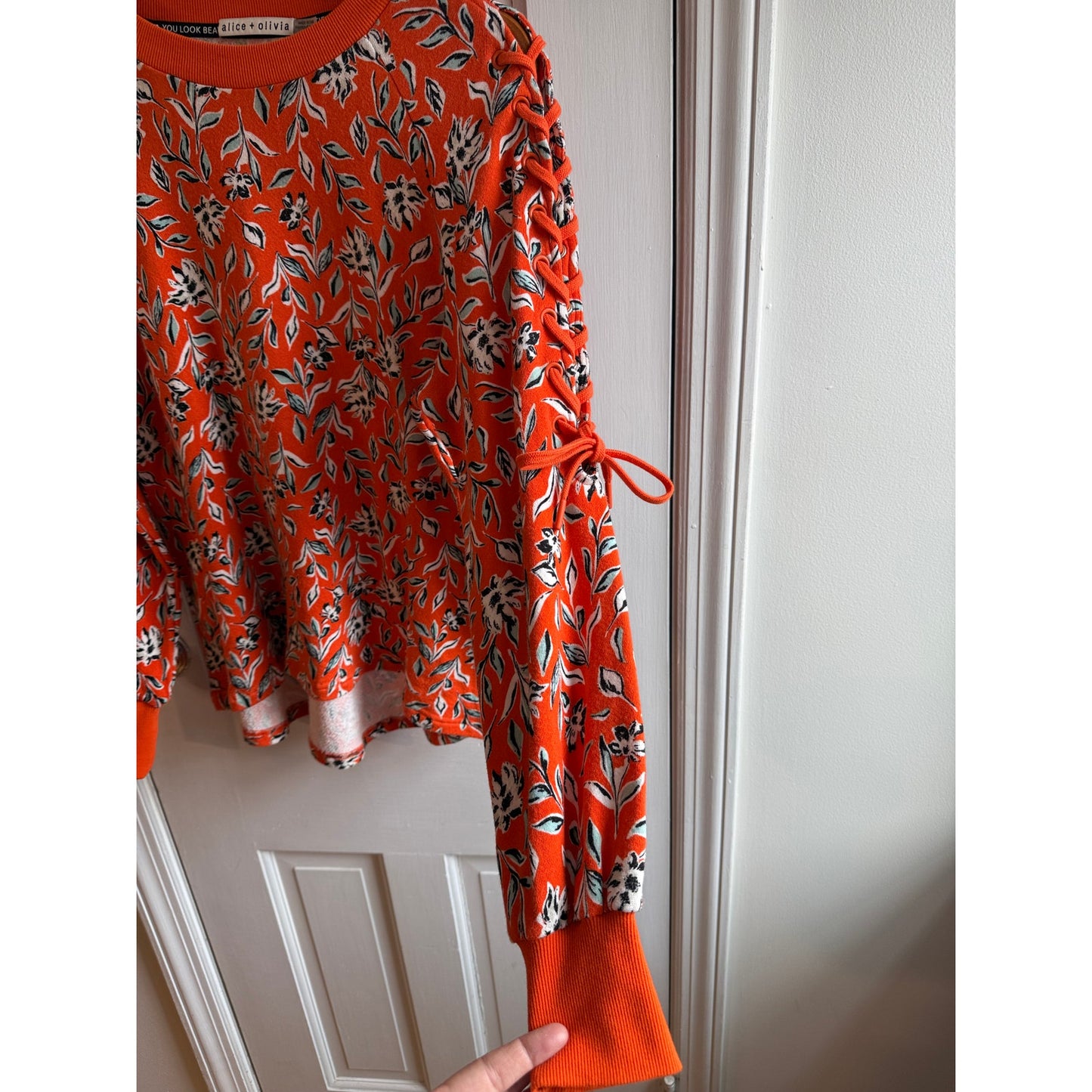 Alice + Olivia Charlotte Orange Floral Lace Up Sleeve Sweatshirt S/P - Sienna