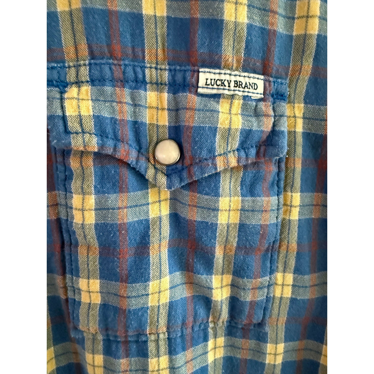 Lucky Brand Mens Medium Pearl Snap Western Plaid Shirt Blue Yellow Classic Fit M