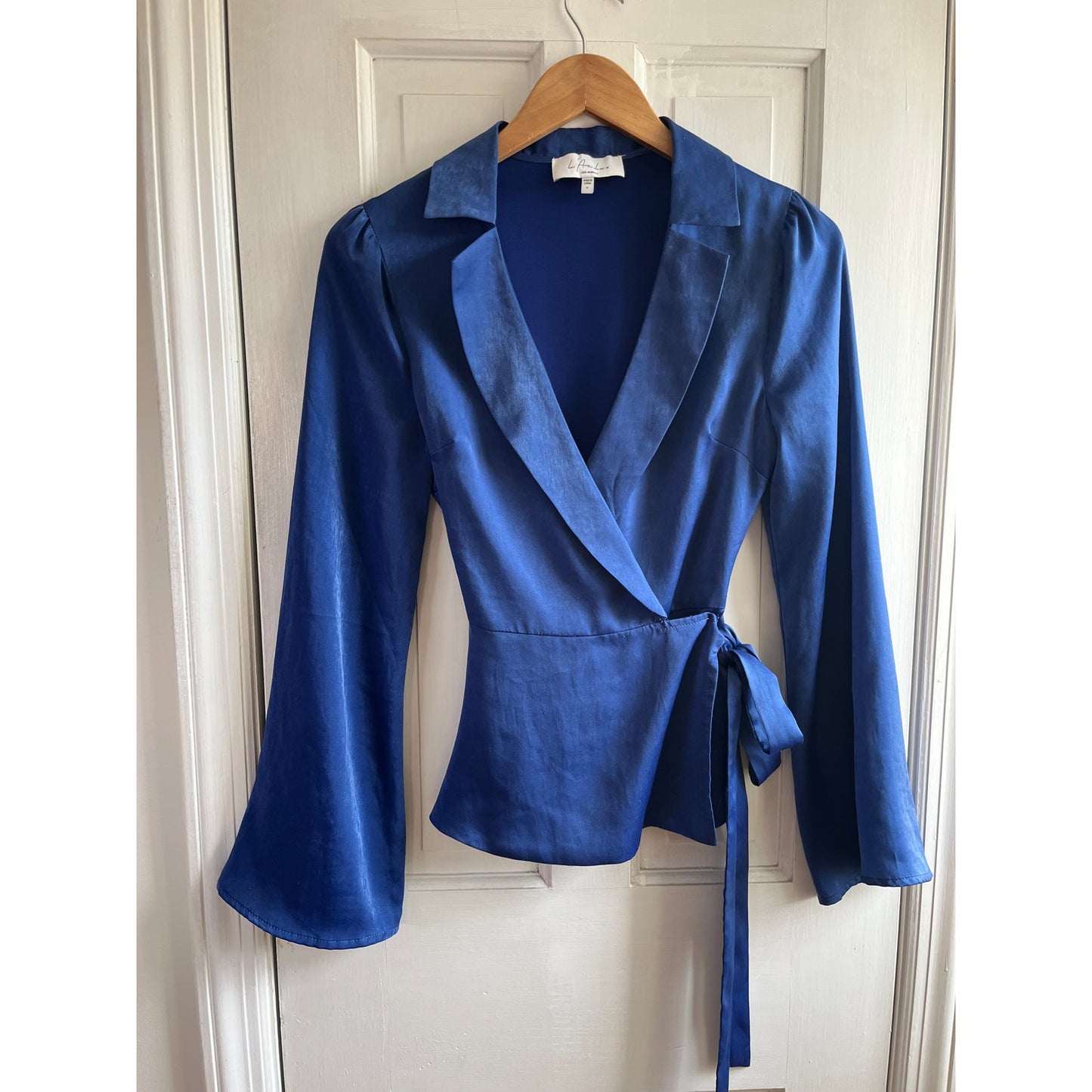 ✨ L'Academie The Wrap Blouse in Navy Blue | Satin Luxe Sz S | Revolve✨