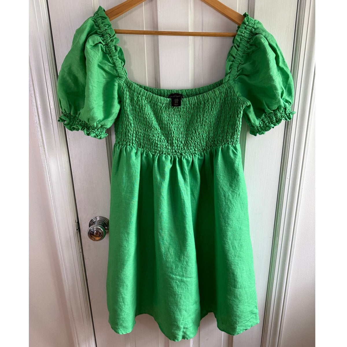House of Harlow 1960 Kelly Green Linen Mini Dress - Puff Sleeve - Small - EUC