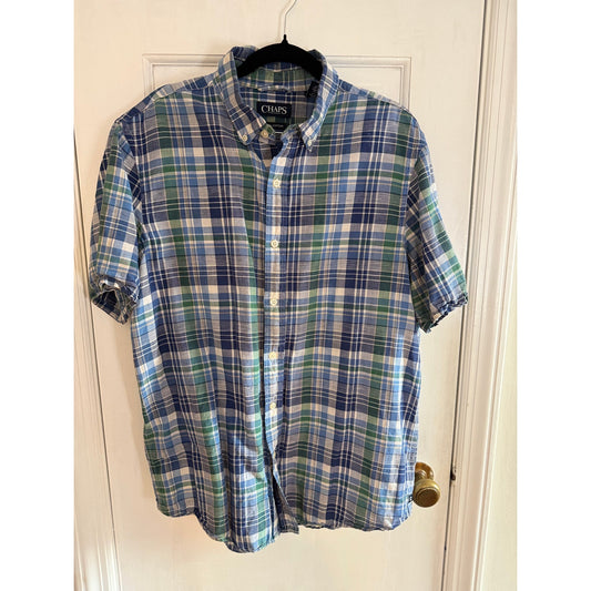 Chaps Short Sleeve Linen Cotton Button Down Blue/White Lg