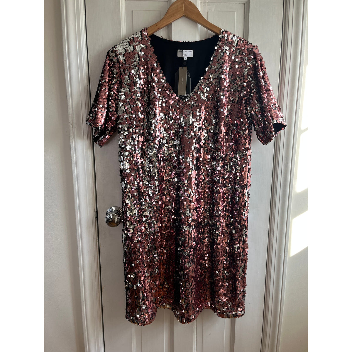 Universal Standard x J.Crew Sequin Dress Pink V-Neck Shift Mini NWT Medium Rare